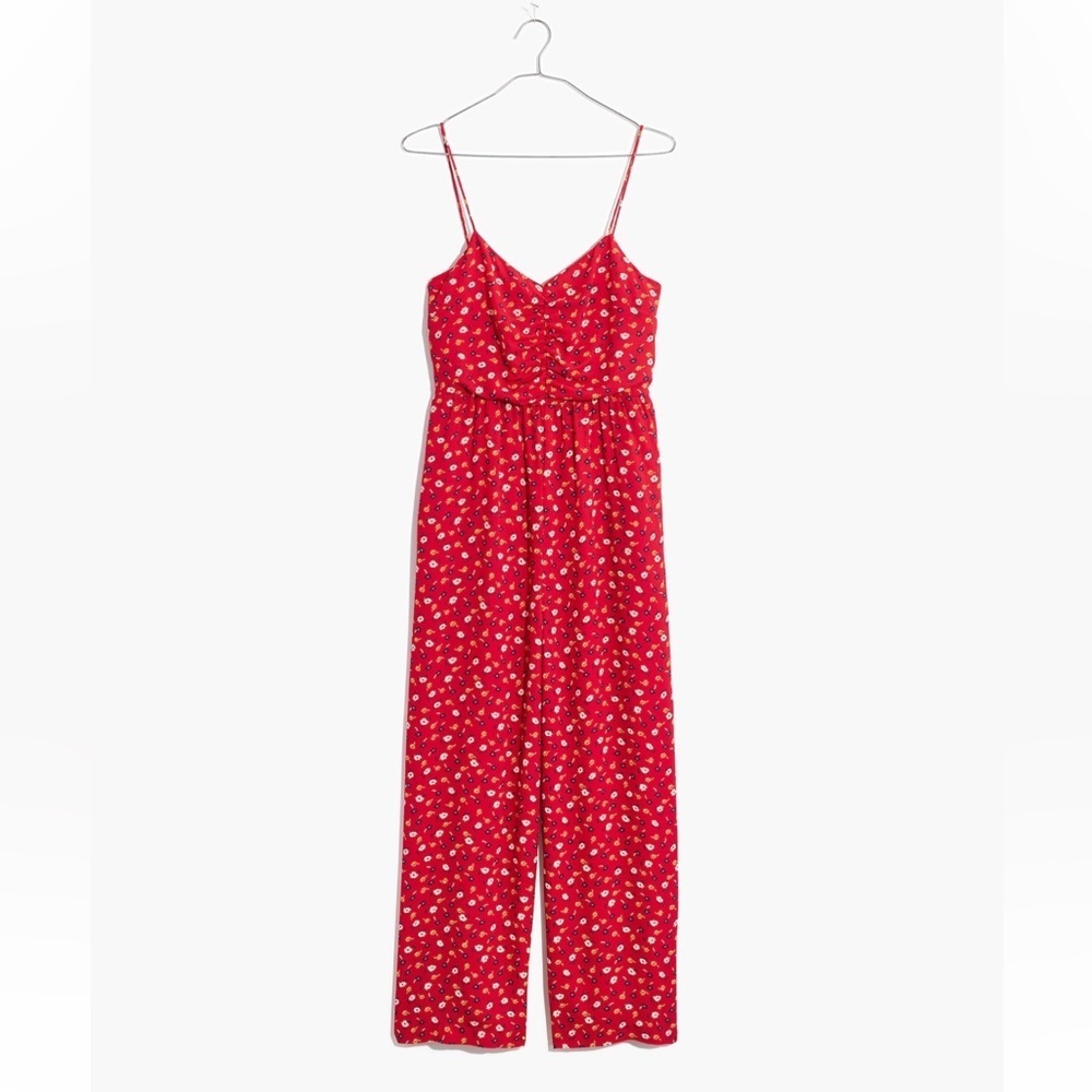 Madewell Red Floral Wide Leg Cami Jumpsuit with Pockets SZ 2